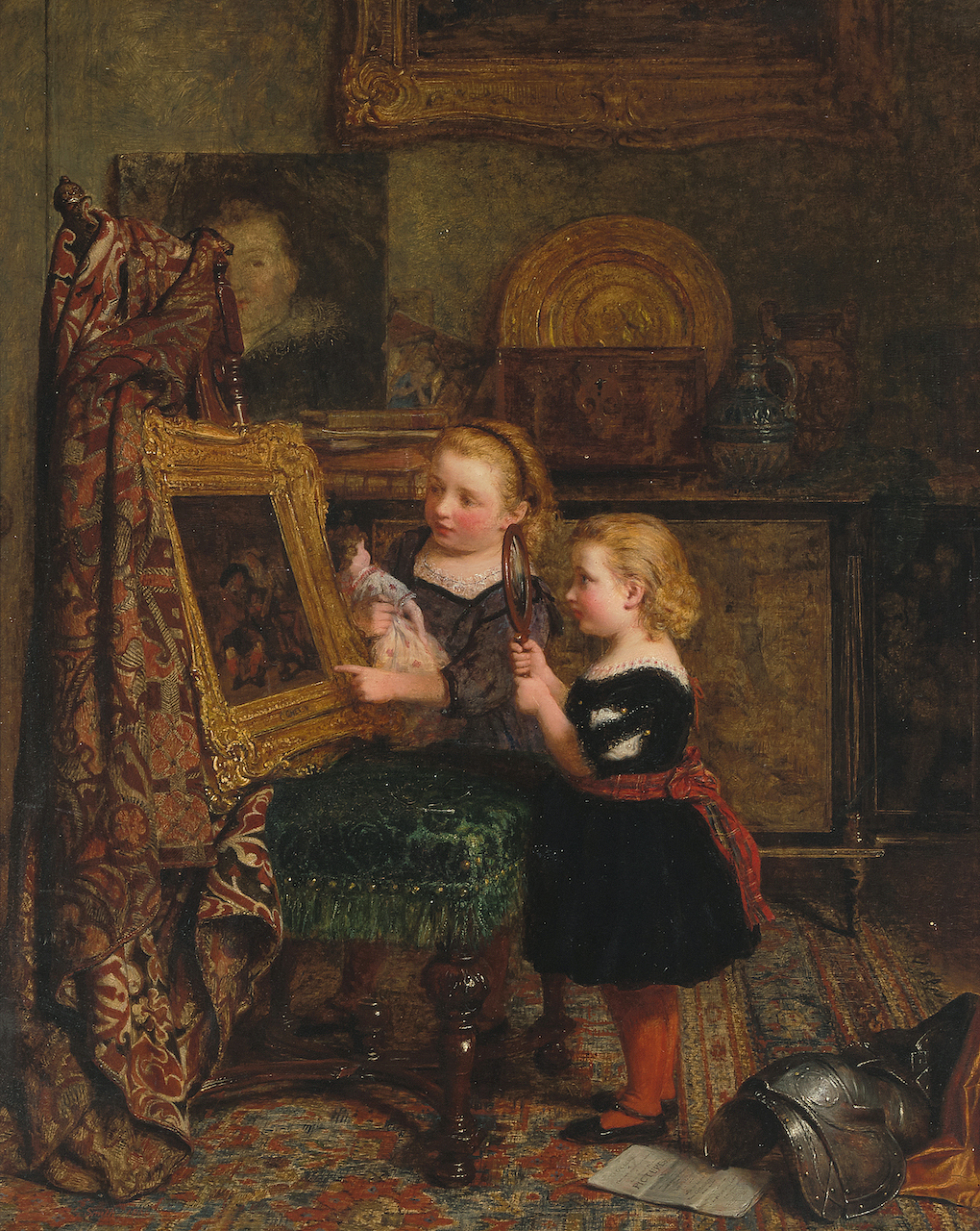 George Smith (1829-1901) Jonge kunstliefhebsters bekijken een schilderij door Gabriel Metsu, 1864.